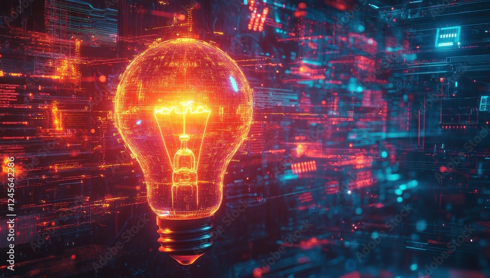 Poster illuminated light bulb surrounded by digital data streams in vibrant red and blue colors, representi