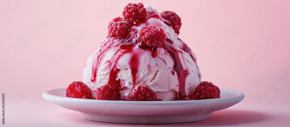 Poster delicious cake ice cream topped with vibrant raspberry sauce and fresh raspberries on a white plate 
