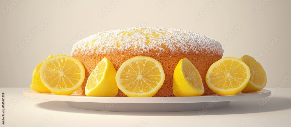 Poster delicious lemon cake with a light yellow frosting surrounded by fresh lemon slices on a white plate 