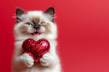 Ad campaign creative. Ragdoll - my beloved cat. Cute ragdoll feline infant with sparkling rhinestones red heart - sign of love, funny greeting card. Valentine's day friendship. Animal love.