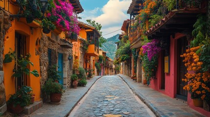 Fototapeta premium Colorful cobblestone street, vibrant buildings, mountain backdrop, flowers, ideal for travel, tourism, or hospitality