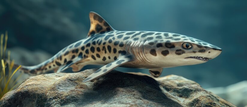 Juvenile leopard shark resting on rocky reef, showcasing vibrant patterns in shades of brown and gray, surrounded by soft underwater light and textures.