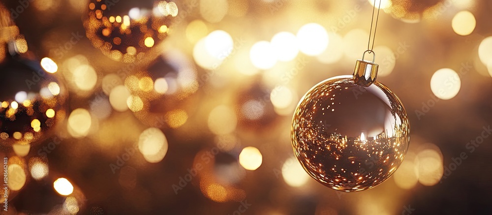 Poster close-up of shimmering golden christmas ornament with sparkling bokeh background in warm tones creat