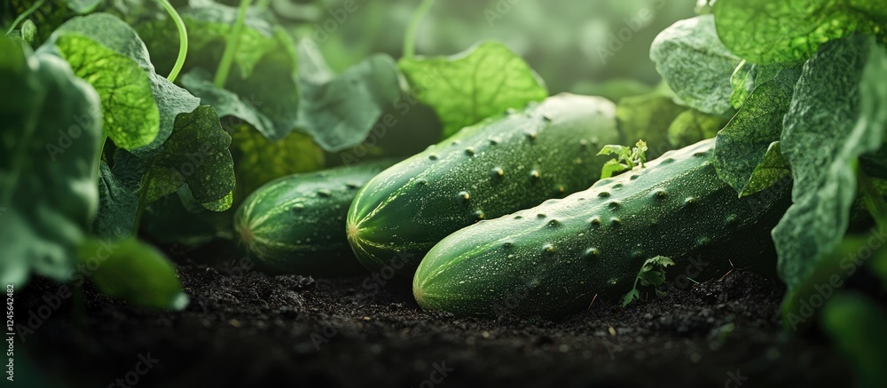 Poster lush green cucumbers resting on dark soil under soft lighting showcasing their freshness near vibran