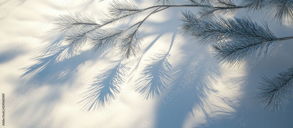 Poster delicate pine needles casting long shadows on soft white snow, creating a serene winter wonderland i