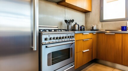 A sparkling kitchen with a refrigerator and stove looking spotless after cleaning.