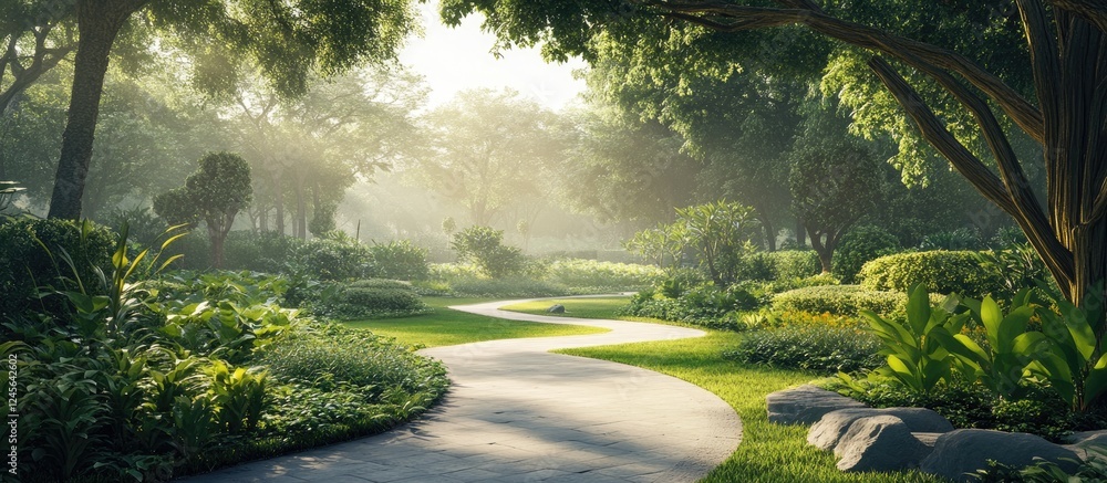 Aufkleber serene morning park scene featuring a winding path surrounded by lush green foliage and soft sunligh