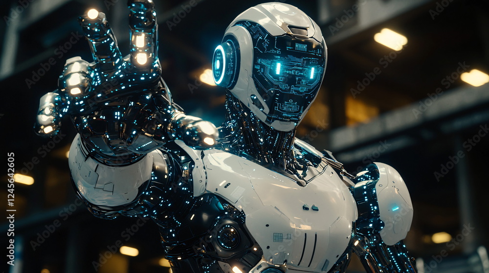 Poster futuristic robot with intricate metallic design reaching out in a high-tech urban environment illumi