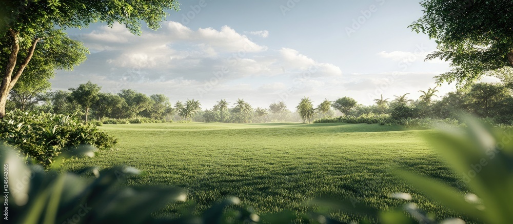 Poster vast green field under a bright sky with soft clouds lush greenery in foreground creating a serene i