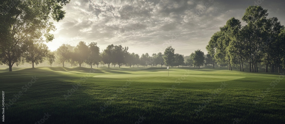 Poster serene golf course landscape under a cloudy sky featuring lush green grass and trees creating a tran