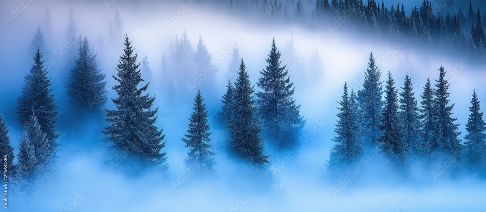 Aufkleber Mysterious coniferous forest enveloped in blue mist with dark green trees emerging from soft fog creating an ethereal and tranquil landscape