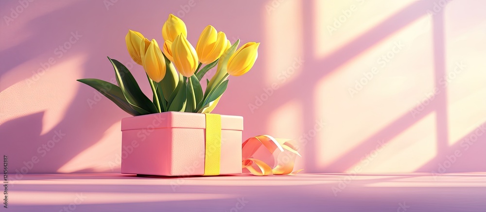 Poster vibrant gift box in pastel pink adorned with yellow tulips arranged to the right casting soft shadow