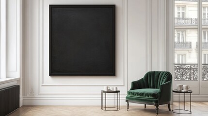 Elegant Parisian Apartment Interior with Dark Artwork and Velvet Armchair