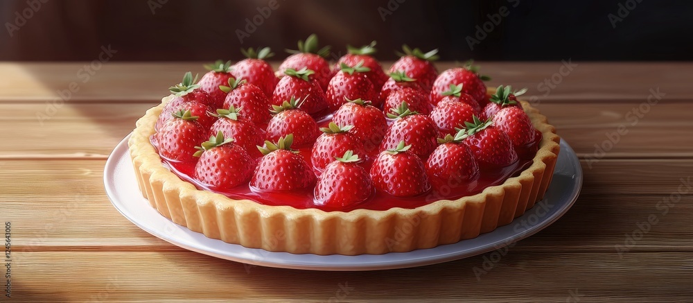 Poster Strawberry fruit tart with bright red berries arranged in a circular pattern on a wooden table highlighting its golden crust and glossy glaze.
