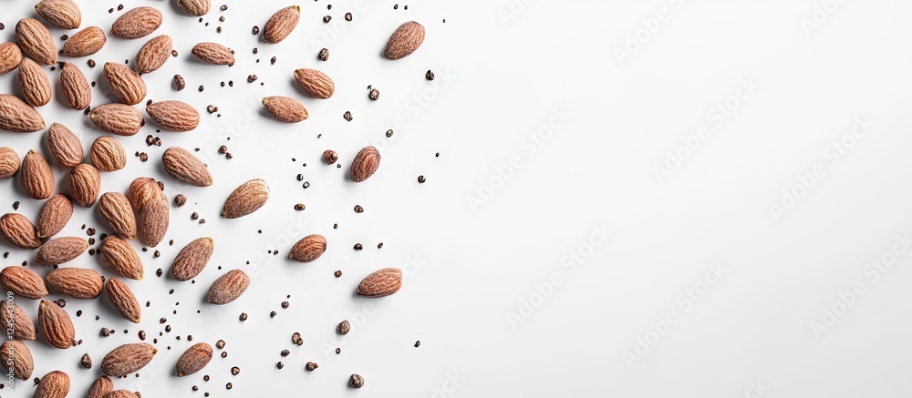 Aufkleber Flat lay composition of scattered raw almonds on a white background with minimalistic design emphasizing ample copy space on the right side