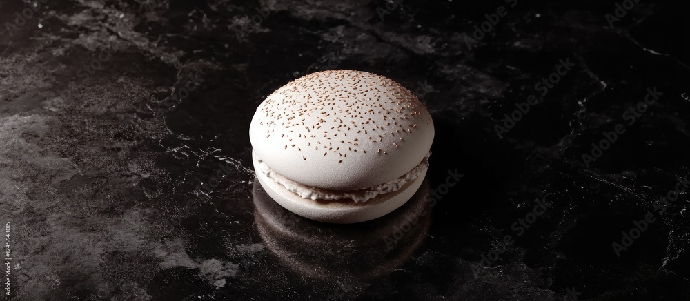 Poster elegant white macaroon with chocolate filling placed centrally on a dark marble background showcasin