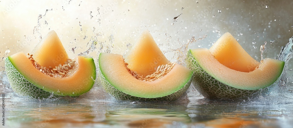 Poster refreshing honeydew melon slices in varying positions with vibrant green rinds and juicy orange fles