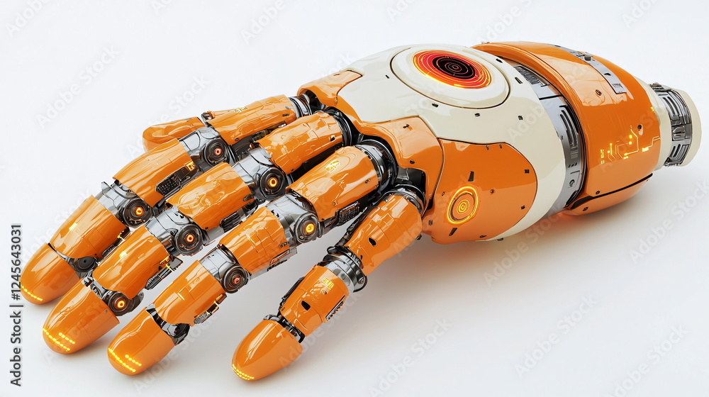 Poster robotic hand with detailed design and sleek orange and metallic features on a transparent background