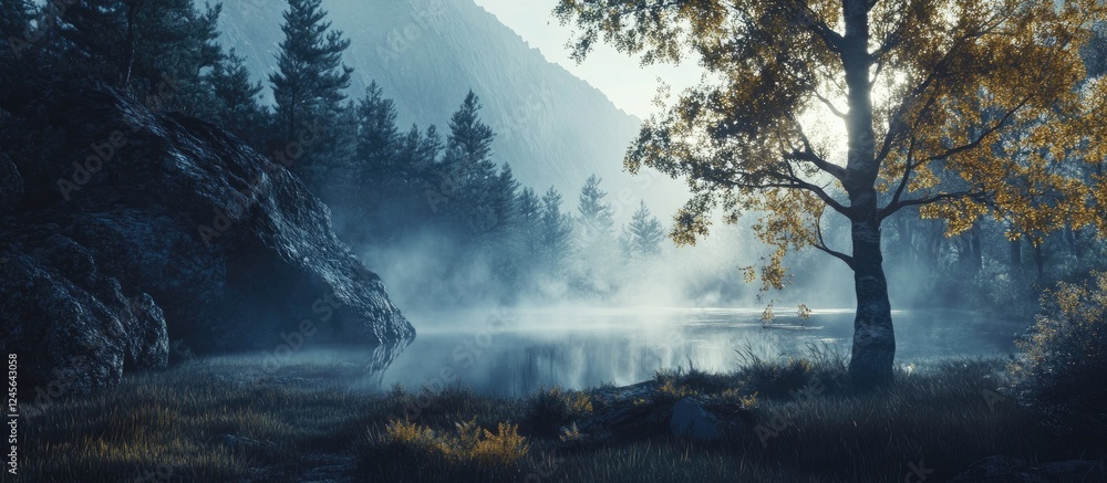 Poster serene landscape featuring a misty lake surrounded by dark green trees and mountains with soft light