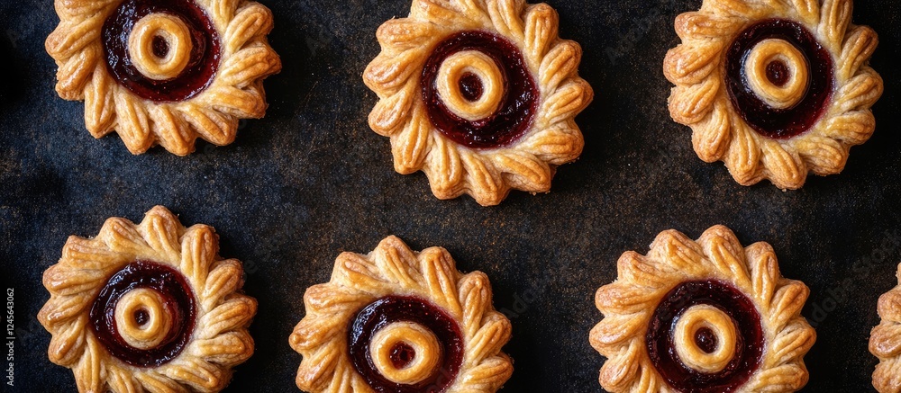 Poster Delicious homemade crostata cookies with jam filling arranged in a Fibonacci swirl design on a dark textured surface, golden and inviting.