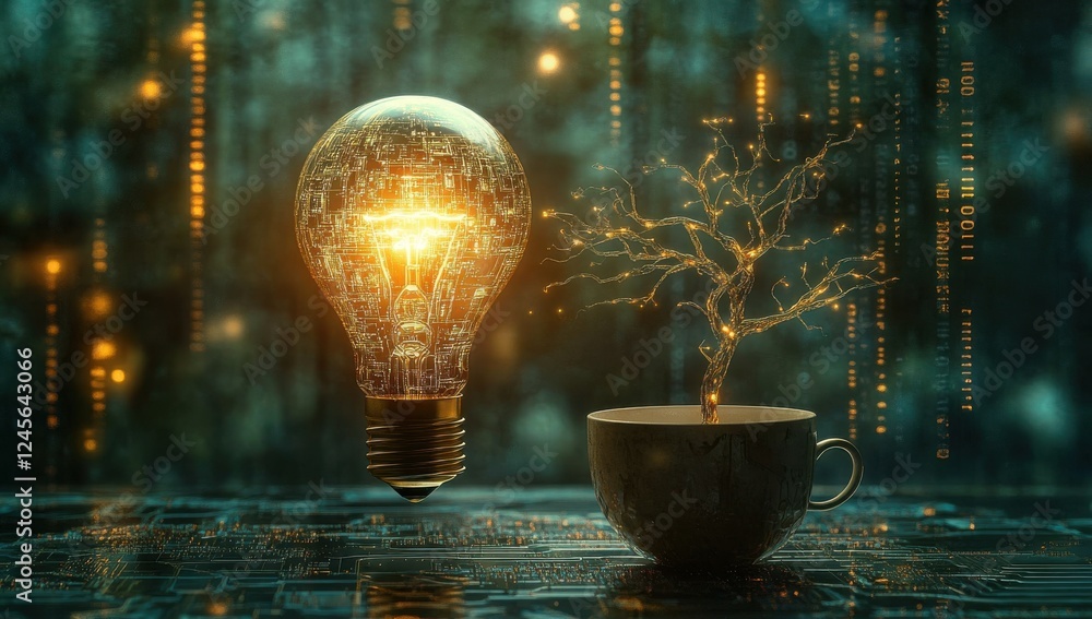 Poster illuminating ideas: a surreal concept of a light bulb with a tree growing from a cup with a digital 