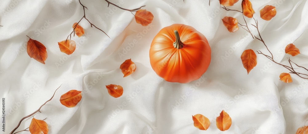 Poster autumn flat lay with vibrant orange pumpkin centered on soft white fabric surrounded by scattered or