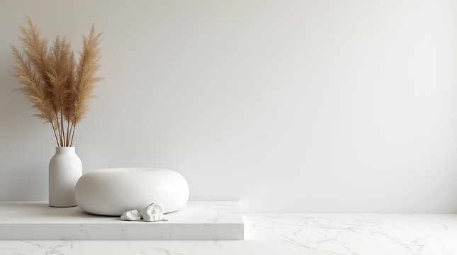 Minimalist interior design with natural elements and white surfaces.