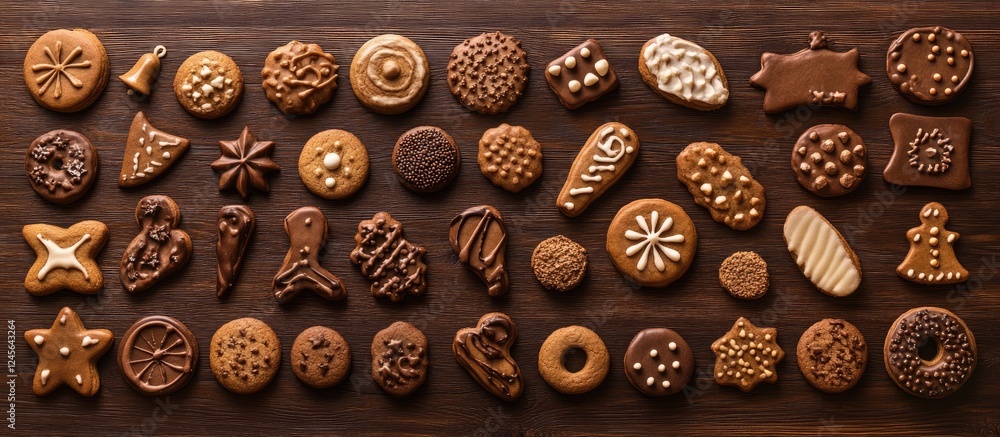 Poster gingerbread cookies of various shapes and designs arranged neatly on a dark wooden background showca