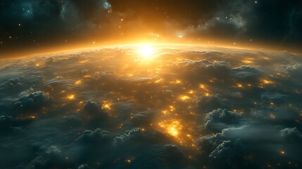 Naklejka premium Golden Sunrise Illuminates Earthly City Lights Through Clouds