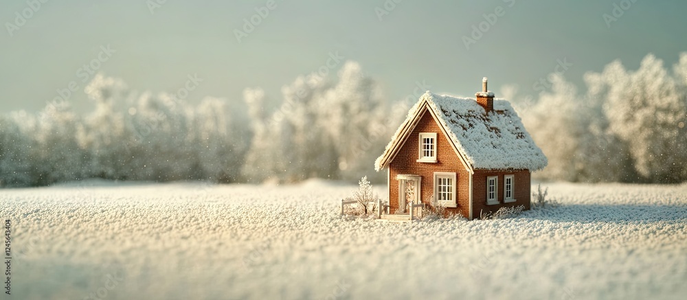 Poster charming small brown cottage with snow-dusted roof positioned in serene white snowy fields surrounde
