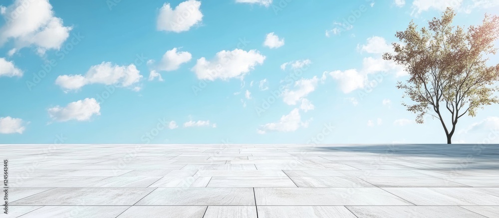 Poster serene landscape with a single bare tree on the right side against a clear blue sky and fluffy white
