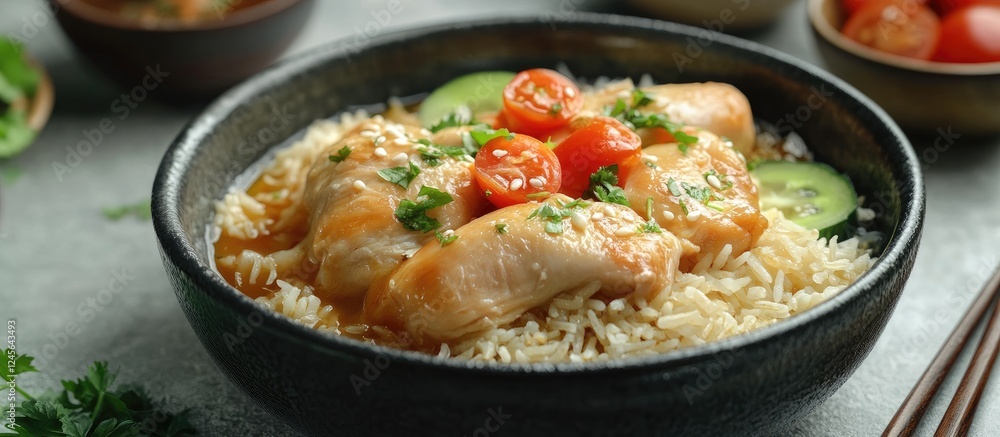Aufkleber delicious chicken rice bowl garnished with fresh tomatoes and cucumber, showcasing a vibrant mix of 