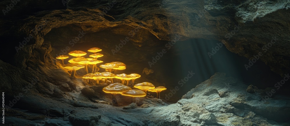 Poster Glowing yellow mushrooms in a dark cave setting illuminated by soft light create a magical atmosphere enhancing the mysterious surroundings