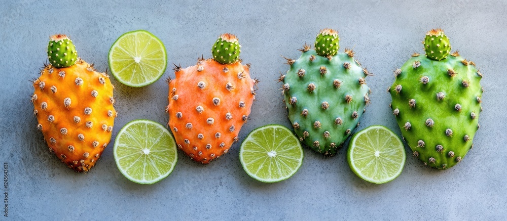 Aufkleber vibrant edible cacti in orange green and yellow with fresh lime slices arranged on a light grey surf