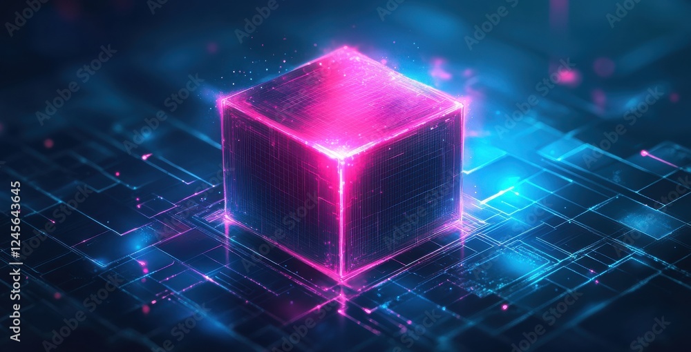 Aufkleber innovative and dynamic 3d cube surrounded by futuristic neon lights with circuit patterns in a virtu