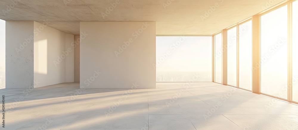 Poster modern empty room interior under construction with large windows showcasing soft sunlight reflection