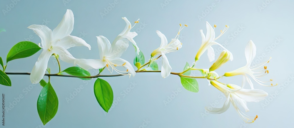 Poster delicate white honeysuckle blossoms on a slender branch against a soft blue backdrop, creating an el