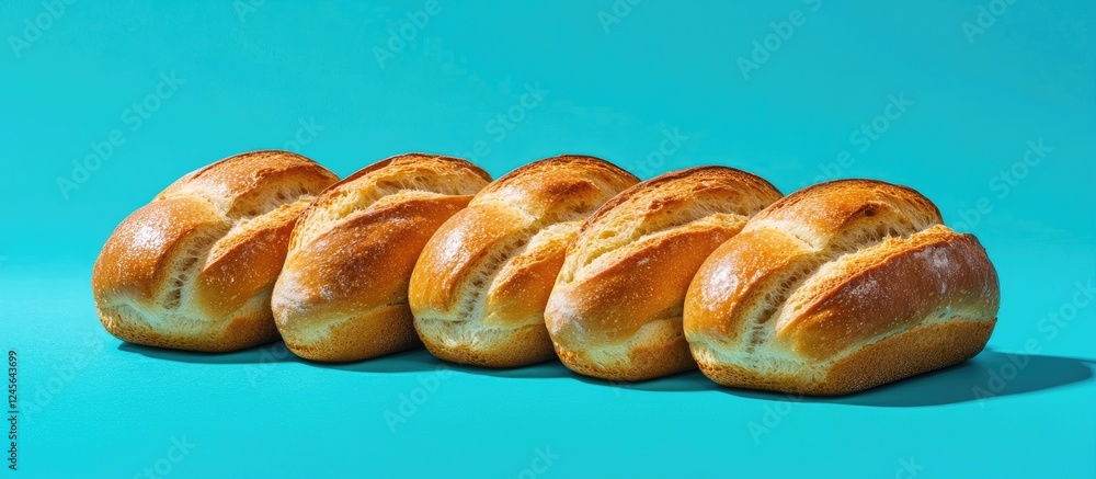 Poster freshly baked mini loaf breads arranged in a row on a vibrant blue background showcasing a warm gold