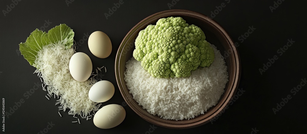 Poster bowl filled with green cauliflower on white rice surrounded by three eggs and a green leaf on a dark
