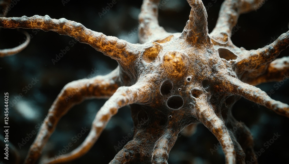 Poster intricate cellular structure under a microscope featuring unique fiber-like projections, capturing n