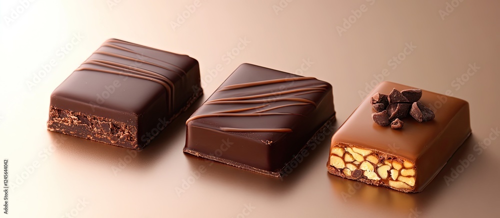 Poster decadent assorted chocolates with rich dark and milk coatings arranged on a soft beige background sh