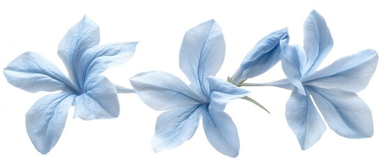 Obraz premium Delicate blue plumbago flowers arranged elegantly against a pristine white background highlighting their soft textures and gentle hues.