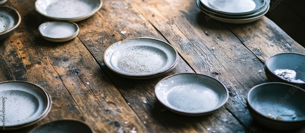 Poster rustic wooden table with scattered vintage ceramic plates in muted tones, featuring worn edges and t