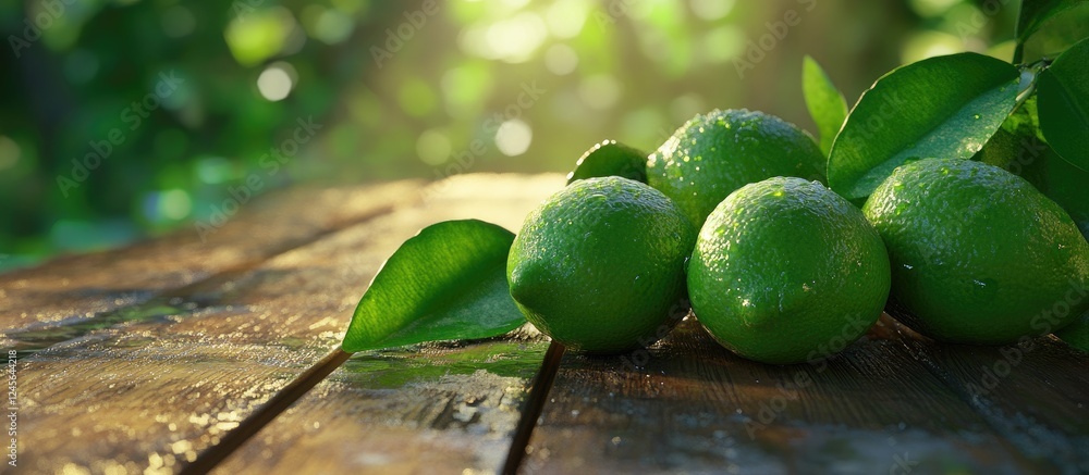 Poster vibrant green limes with droplets arranged on a rustic wooden table surrounded by blurred green foli