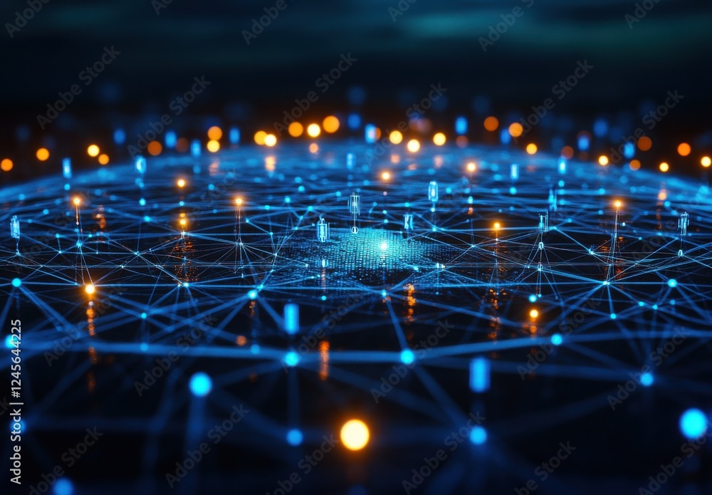 Poster intricate network of light nodes and connections against a dark background in a digital universe of 