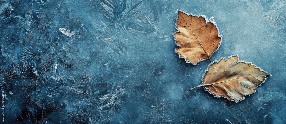 Aufkleber frosted leaves on icy blue background with intricate patterns showcasing two brown leaves positioned