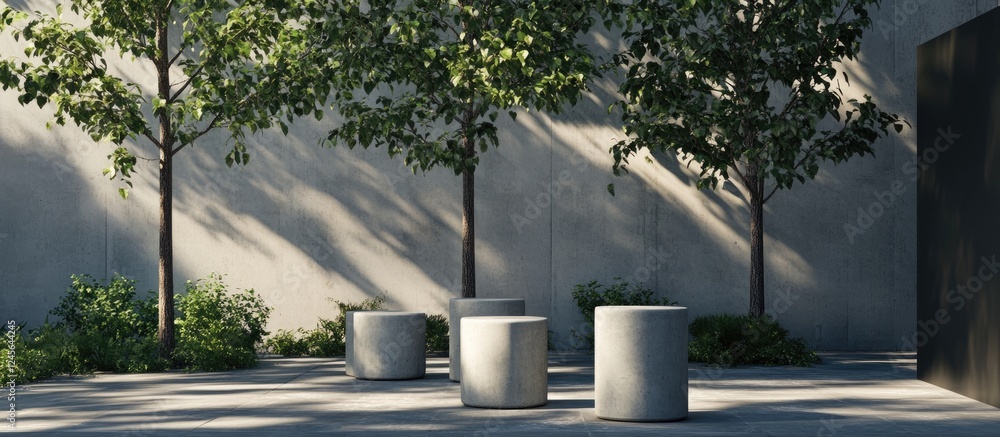 Poster concrete stools arranged in a tranquil garden setting with three trees in planters casting soft shad
