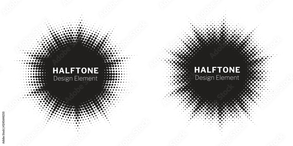 Poster Halftone circle frame background set. Round border Icon using halftone random circle. Grunge circular stain. Vector illustration.