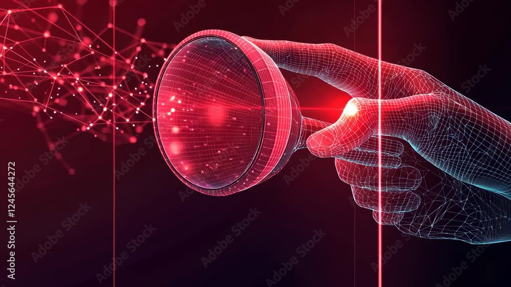 Poster futuristic interface interaction with digital holographic display and cybernetic hand