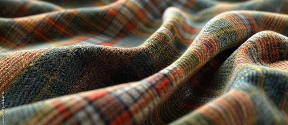 Aufkleber close-up of textured plaid fabric in earthy tones of green, orange, and blue, draped in soft waves c